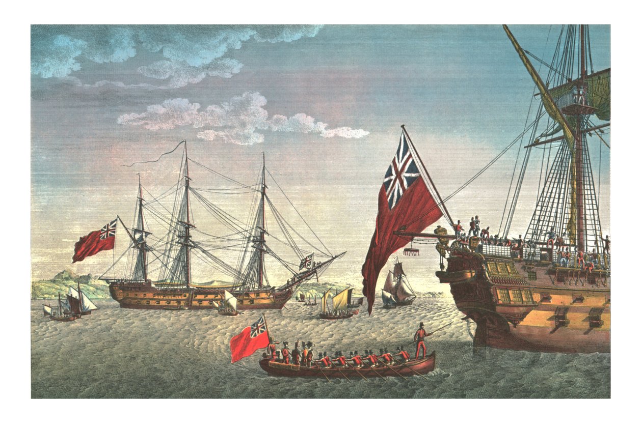 Napoleon geht an Bord der Northumberland für seine Reise nach St. Helena, 8. August 1815, um 1850 von Edme Bovinet
