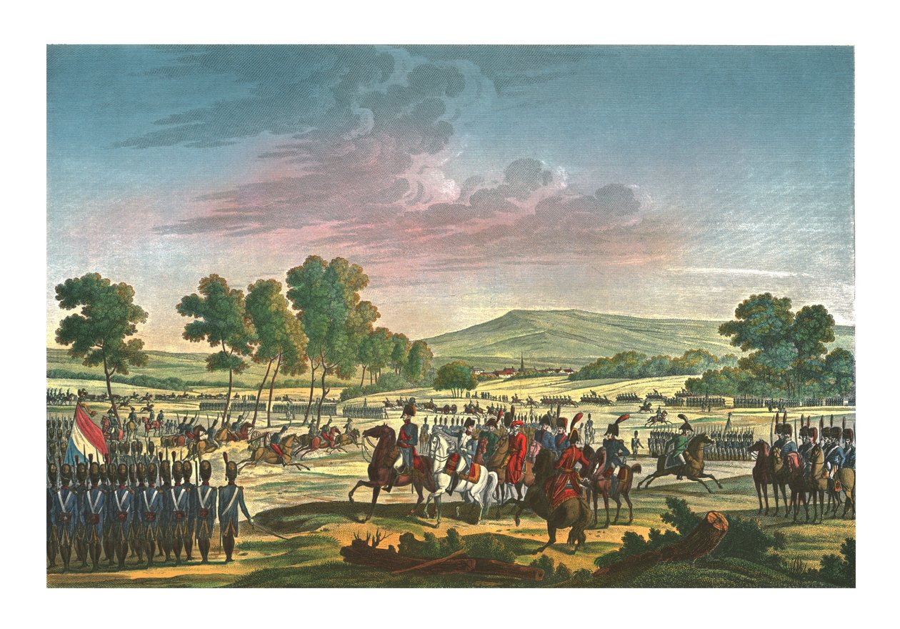 Die Kaiserliche Garde manövriert in Anwesenheit der beiden Kaiser in Tilsit, 28. Juni 1807, um 1850 von Edme Bovinet
