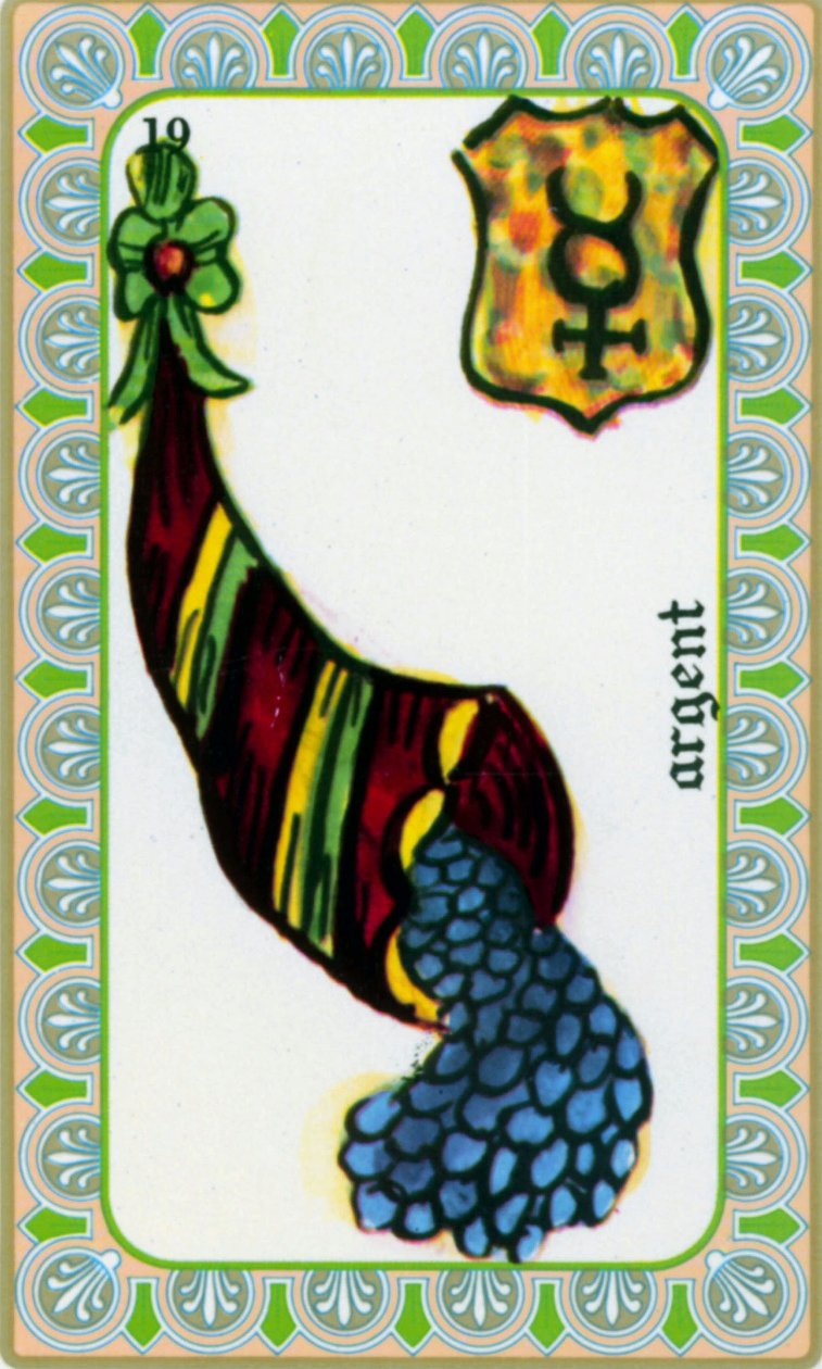 Tarot von Magus Belline gezeichnet von Edmond Billaudot ca. 1845 und an Hellseher Belline zur Neuauflage gegeben: Karte des Geldes: Münzen in einem Füllhorn von Edmond Billaudot