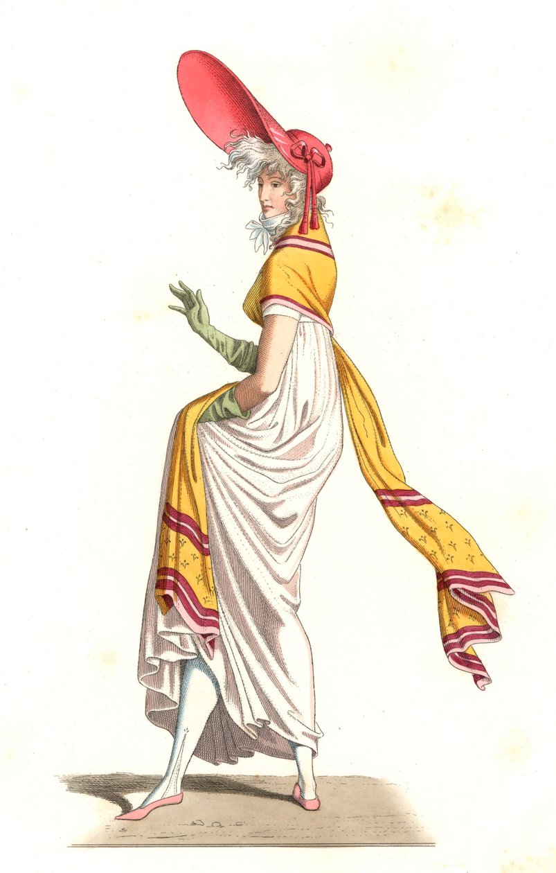 Junge Französin in der Mode der Wunderbaren des 18. Jahrhunderts, nach einem Gemälde von Carle Vernet (1758-1836) - Lithographie nach einer Illustration von Edmond Lechevallier-Chevignard (1825-1902), aus „Costumes historiques des 16th“ von Edmond Lechevallier-Chevignard