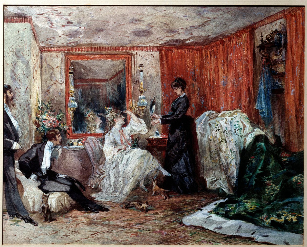 Theaterkomödiantin Hortense Schneider in ihrer Garderobe im Théâtre des Variétés. Aquarell von Edmond Morin von Edmond Morin