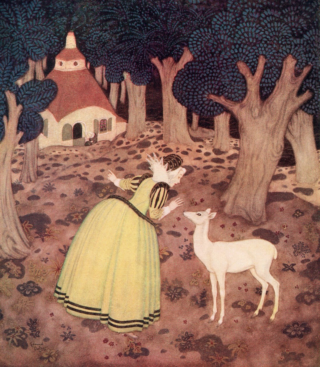 "Giroflee dankte der Fee und ging weit in den Wald; und dort sah sie tatsächlich eine Hütte und eine alte Frau, die draußen saß", Illustration aus dem französischen Märchen Die Hirschkuh des Waldes, aus Edmund Dulacs Märchenbuch: Märchen der Alliierten Nat von Edmund Dulac