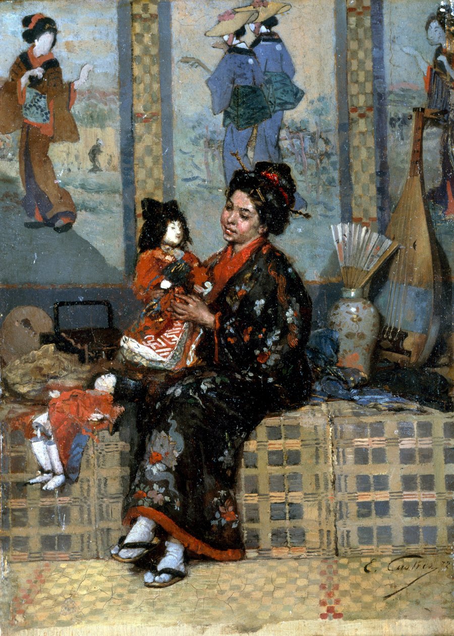 Die neue Puppe. Frau im Kimono mit einer Porzellanpuppe. Einfluss Japans auf die europäische impressionistische Malerei. Gemälde von Edouard Castres (1838-1902) von Edouard Castres