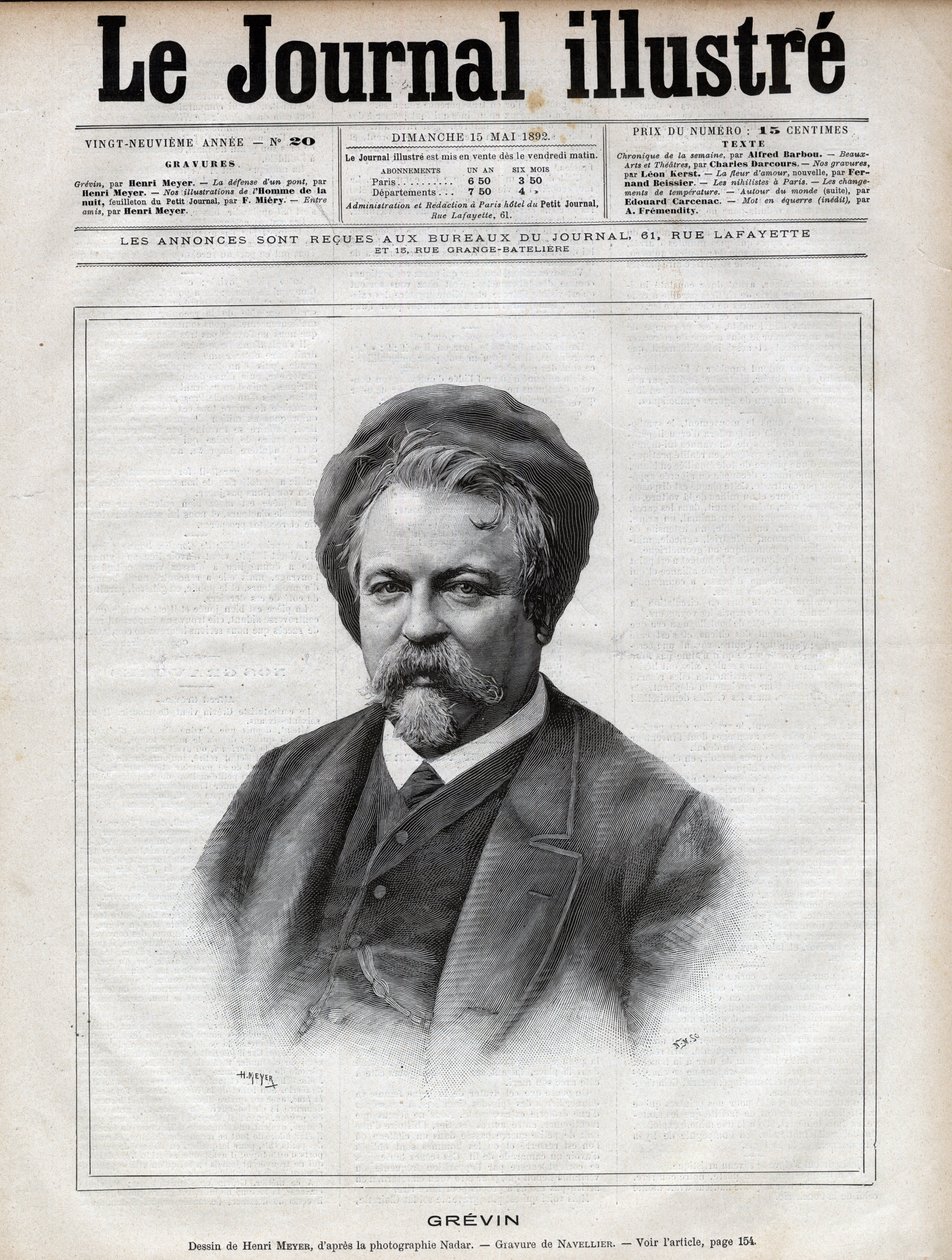 Alfred Grevin (1827-1892) Bildhauer, Karikaturist, Karikaturist, Karikaturist und Designer französischer Theaterkostüme - Gravur von Navellier nach einem Foto von Nadar in „The Illustrous Journal“ von 1892 von Edouard Felicien Eugene Navellier
