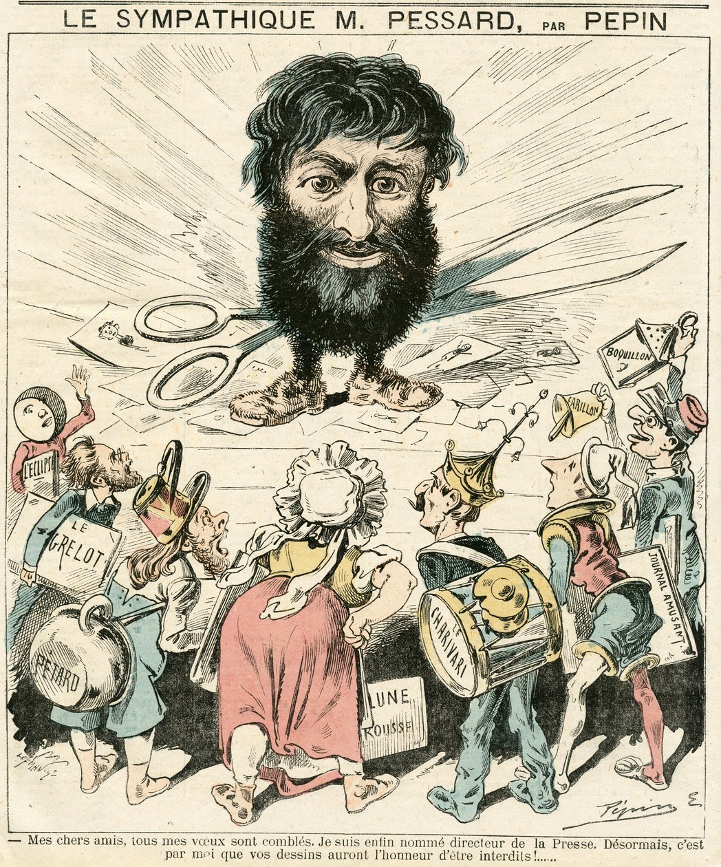 Titelblatt von Le Grelot, Nummer 356, Satirisch in Farben von Edouard Guillaumin Pepin