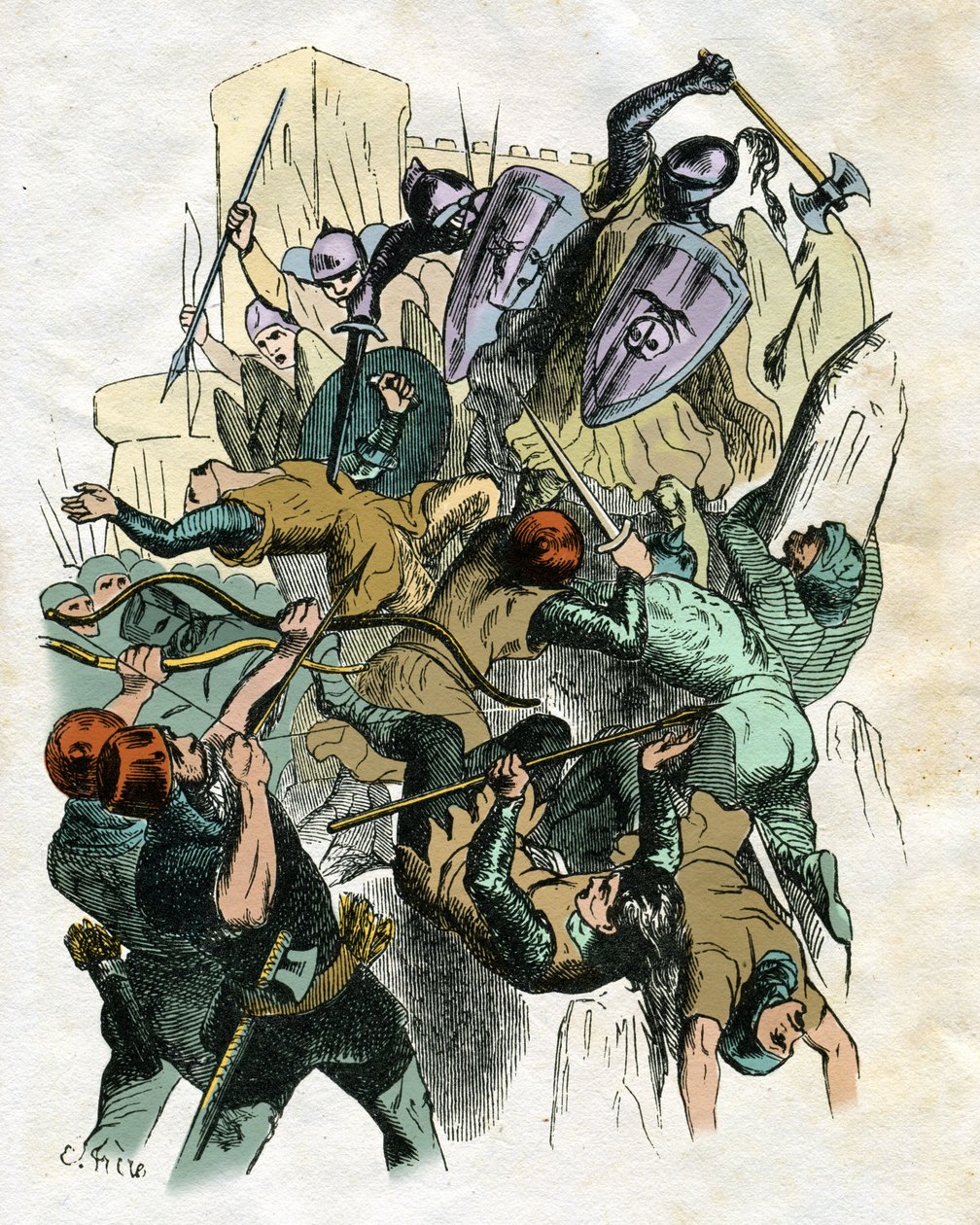 Illustration für "Ivanhoe" von Walter Scott: Kampfszene, Belagerung einer Burg von Edouard & Lix Theodore (1830-1897) Frere