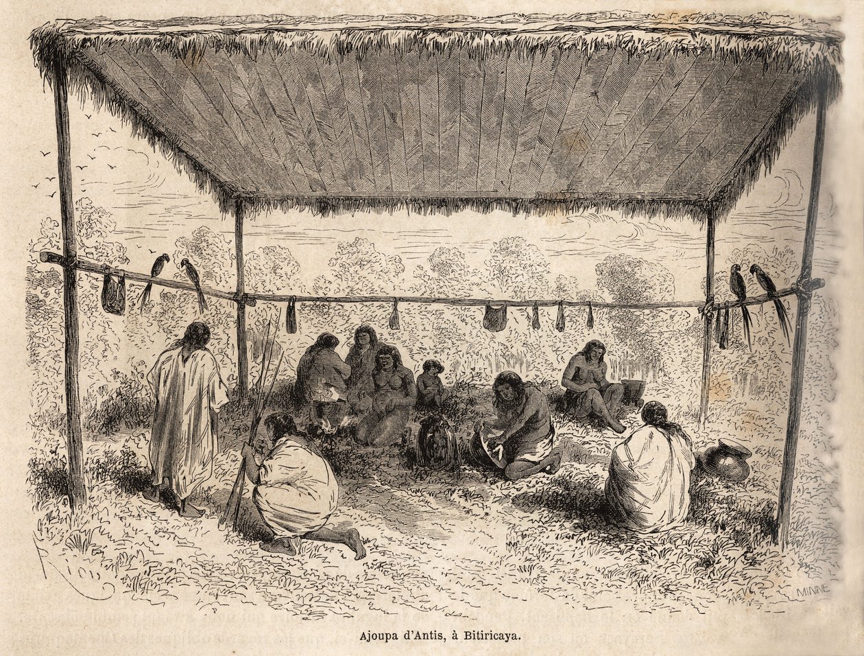 Ajoupa (prekäre Wohnkonstruktion) der Antis-Indianer in Biticaraya (Peru), Zeichnung von Riou, zur Illustration der Reise vom Pazifik zum Atlantik von Edouard Riou