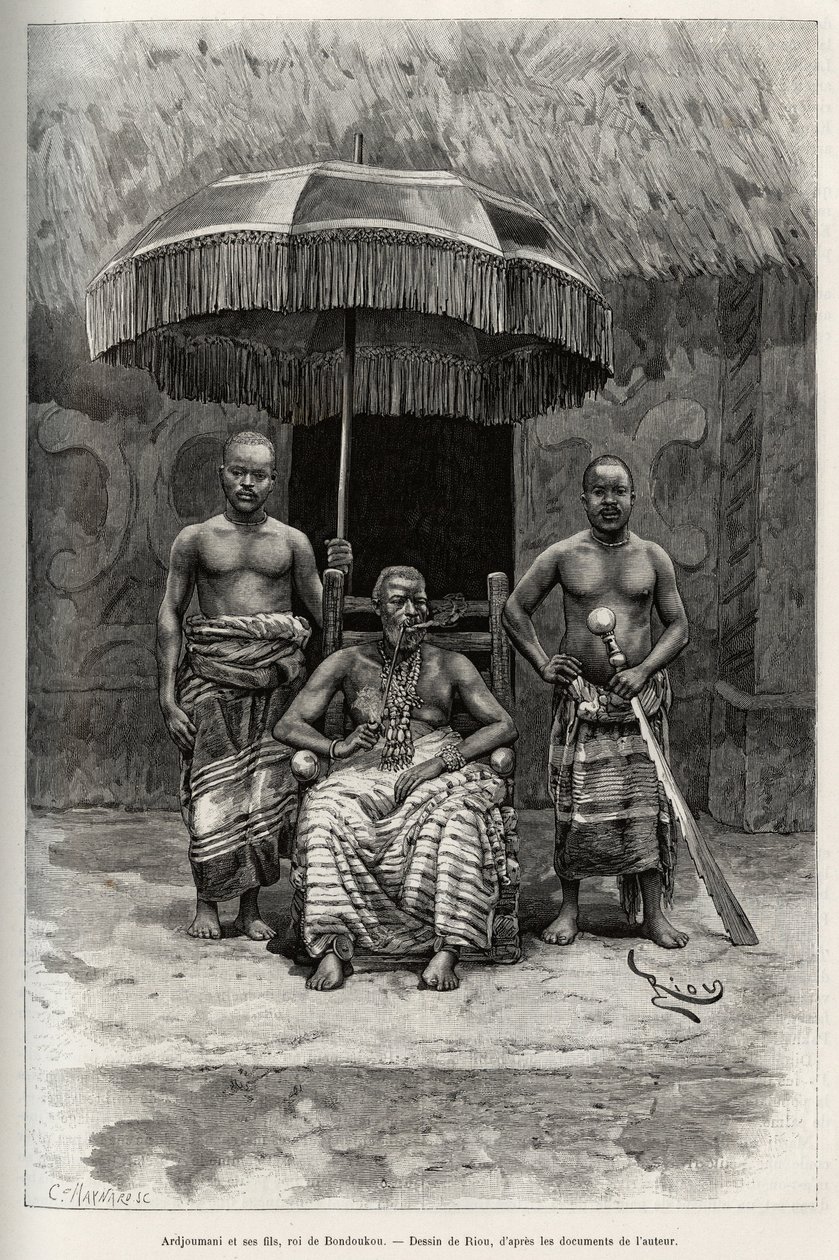 Ardjoumani (gestorben 1892) und seine Söhne, König von Bondoukou (Elfenbeinküste). Gravur von Riou, zur Illustration der Geschichte „Vom Niger zum Golf von Guinea“ von Hauptmann Louis Gustave Binger (1856-1936), 1887-1889, in Le Tour du monde. von Edouard Riou