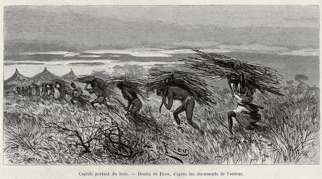 Gefangene tragen Holz im Busch. Gravur von Riou zur Illustration der Geschichte From Niger to the Gulf of Guinee von Edouard Riou