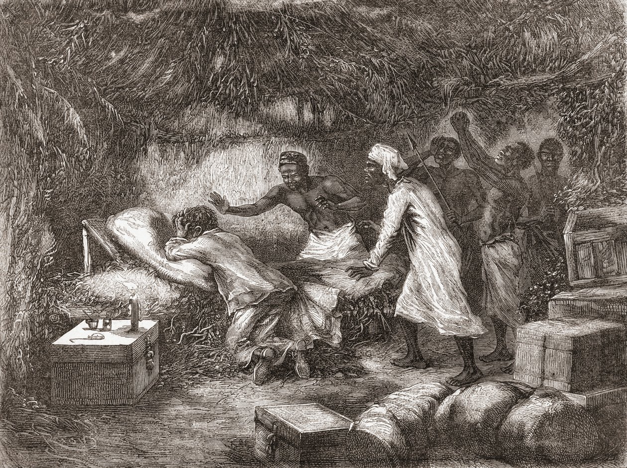 Tod von Dr. Livingstone im Dorf Tchitammbo, Afrika, 1873, Illustration aus "Die Welt in den Händen", veröffentlicht 1878 von Edouard Riou