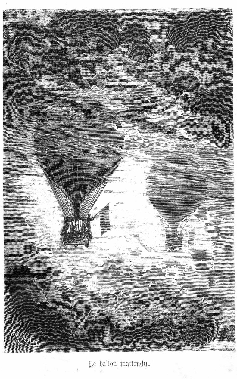 Zeichnung aus dem Buch von Jules Verne „Fünf Wochen im Ballon“ Sammlung Hetzel/Außergewöhnliche Reisen. Der Victoria-Ballon trifft einen anderen Ballon in den Wolken von Edouard Riou