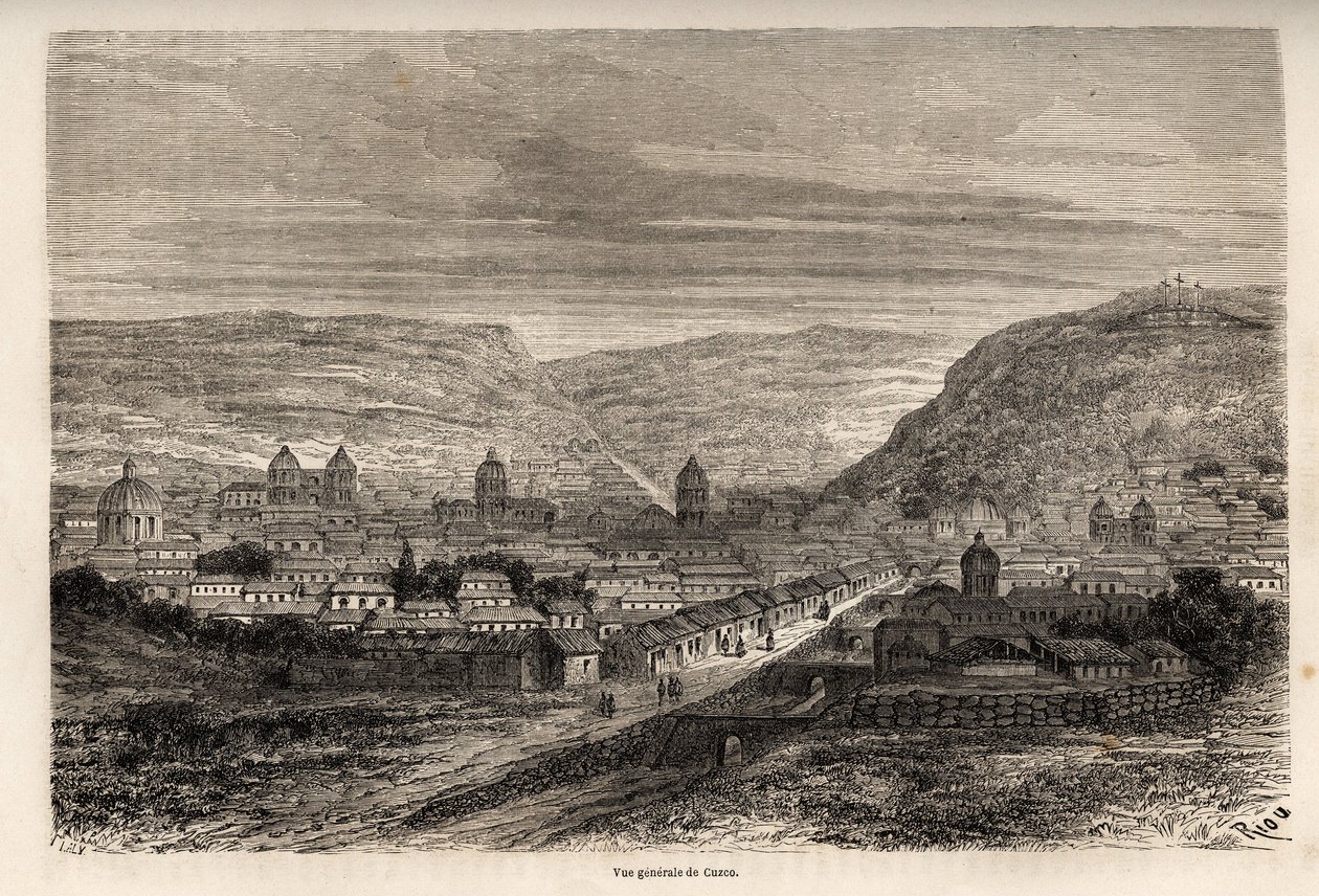 Gesamtansicht von Cusco oder Cusco, ehemalige Hauptstadt der Inkas, Zeichnung von Riou, zur Illustration von Paul Marcoys Reise durch Südamerika von 1848 bis 1860. Gravur in „Le tour du monde“, herausgegeben von Edouard Charton von Edouard Riou