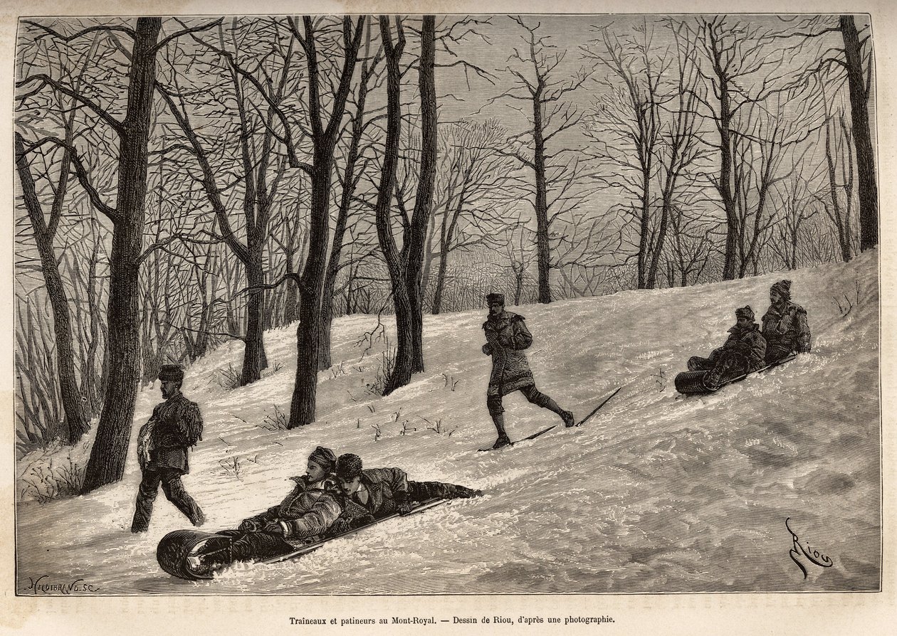 Schlitten und Schlittschuhläufer auf dem Plateau des Mont-Royal, in der Nähe von Montreal, Gravur nach einer Zeichnung von Riou, zur Illustration des Ausflugs nach Kanada und der Riviere Rouge du nord, von H. De Lamotte, 1873, veröffentlicht in „Le tour du von Edouard Riou