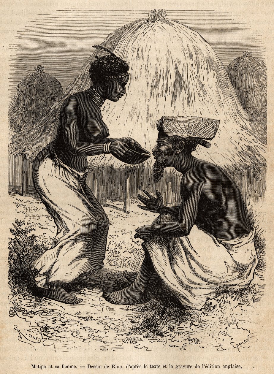 Matipa, ein indigener Mann, der Livingstones Team Kanus zur Verfügung stellte, wurde von seiner Frau bedient, graviert nach einer Zeichnung von Riou, zur Illustration von David Livingstones letztem Tagebuch (1813-1873), 1866-1873, veröffentlicht in „Le tou von Edouard Riou