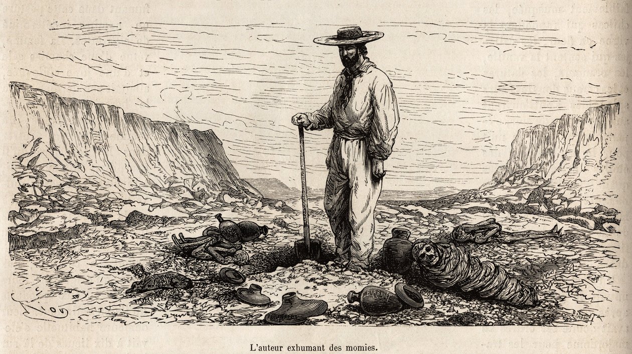 Paul Marcoy exhumiert Inka-Mumien (Unteres Peru), Gravur von E. Riou zur Illustration der Reise in die Berge, das Tal von Huarancalqui und die Regionen von Pjonal, 1862-1863, von Paul Marcoy, veröffentlicht in „Le tour du monde“ 1875, herausgegeben von Edo von Edouard Riou