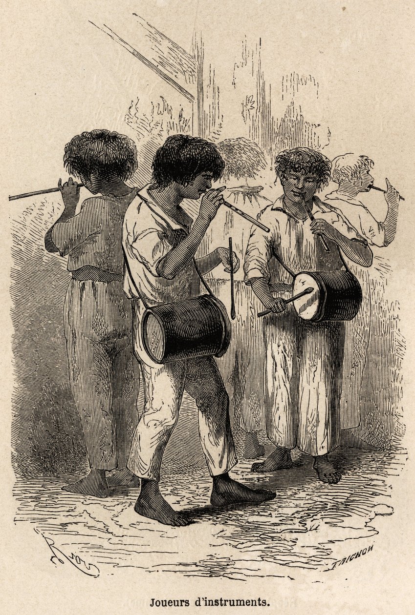 Spieler von Musikinstrumenten in Sarayacu (Peru), Zeichnung von Riou, zur Illustration von Paul Marcoys Reise vom Pazifischen Ozean zum Atlantischen Ozean von 1848 bis 1860. Gravur in „Le tour du monde“, herausgegeben von Edouard Charton von Edouard Riou