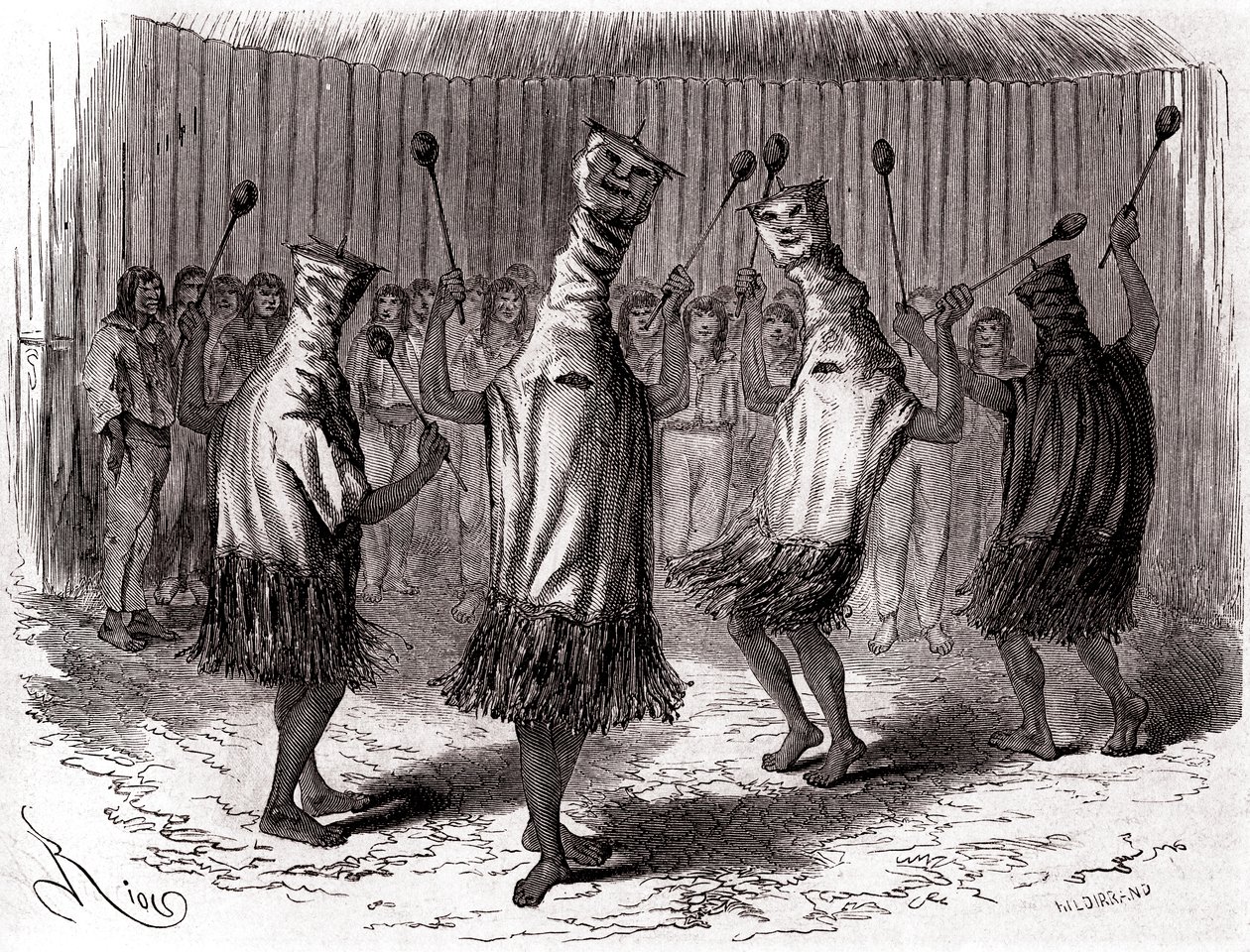 Ritueller Tanz der Ticuna-Indianer aus Peru mit Verkleidungen und Masken von Edouard Riou