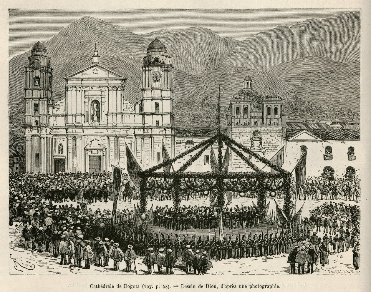 Die Kathedrale von Bogotá, auf dem Bolivar-Platz (Kolumbien), während der jährlichen Feier der Unabhängigkeit (18. Dezember), zu diesem Anlass wurde ein ephemerer Kiosk errichtet, um das Orchester unterzubringen, Zeichnung von E. Riou, um die Reise nach Äq von Edouard Riou