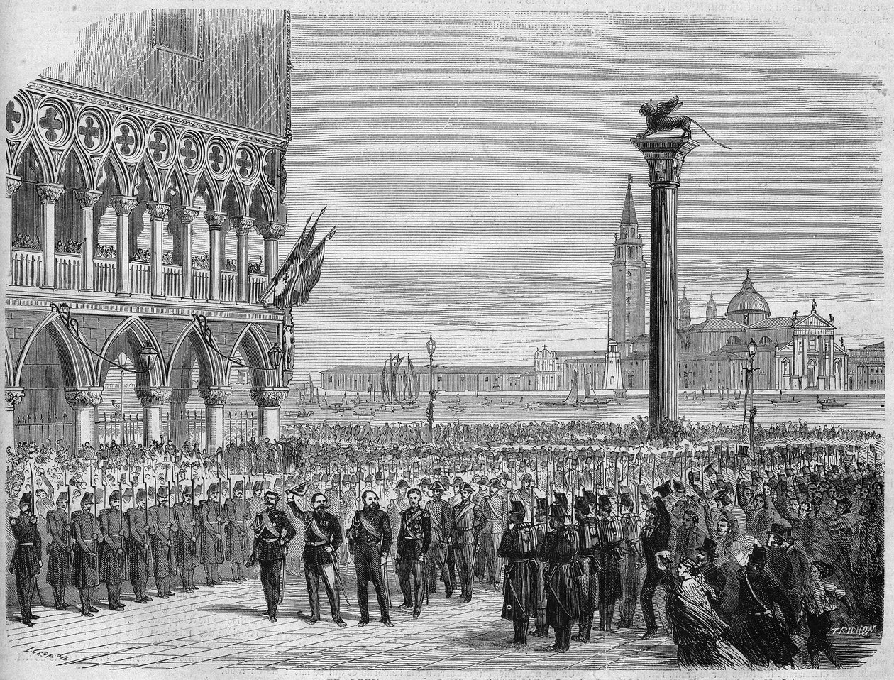 Der König von Italien Viktor Emanuel II. (Vittorio Emanuele) in Venedig auf dem Markusplatz. Nach der Niederlage der Österreicher bei Sadowa wurde Venetien 1866 dem Königreich Italien zurückgewonnen. Gravur nach einer Zeichnung von Crepon und Riou. In „Das von Edouard Riou