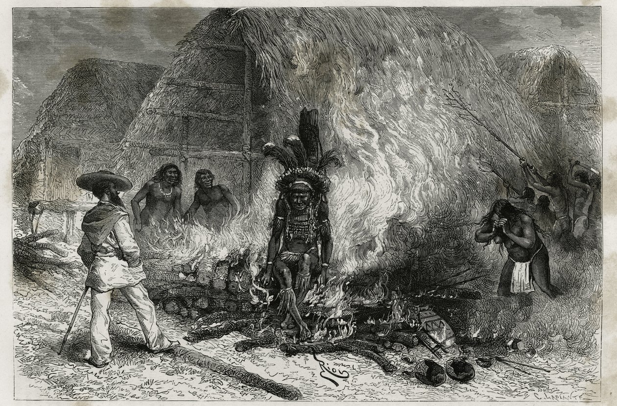 Die Einäscherung eines Roucouyenne (oder Wayana), Stammes, der entlang der Mana- und Maroni-Flüsse lebt, vor dem Scheiterhaufen, Dr. Crevaux, Gravur von Riou, um die Reise der Erkundung im Inneren von Guyana von Dr. Jules Crevaux, Arzt der französischen Ma von Edouard Riou