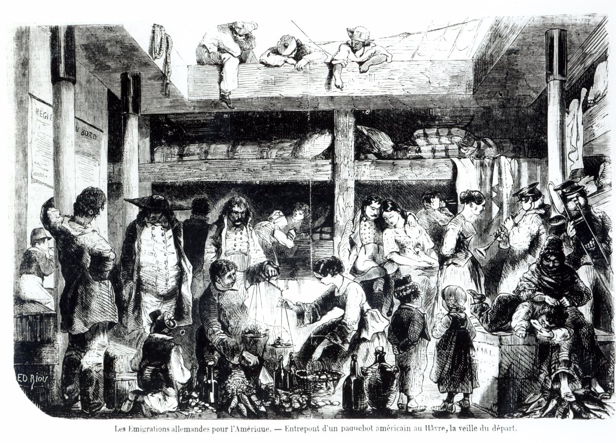 Der Vorabend der Abreise nach Amerika - Deutsche Auswanderer auf dem Weg in die USA im Zwischendeck eines amerikanischen Liners im Hafen von Le Havre, um 1850 von Edouard Riou