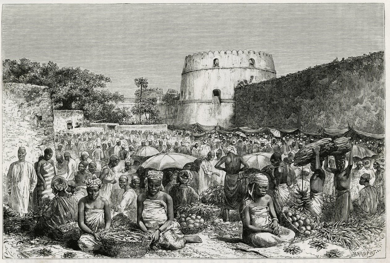 Der Obstmarkt von Sansibar (Tansania). Gravur von Riou zur Illustration der Geschichte „Reise nach Benadir, die Omalis und Bayoun“ 1882-1883, von M.G. Revoil. Veröffentlicht in Le Tour du monde, nouveau journal des voyages von Edouard Riou