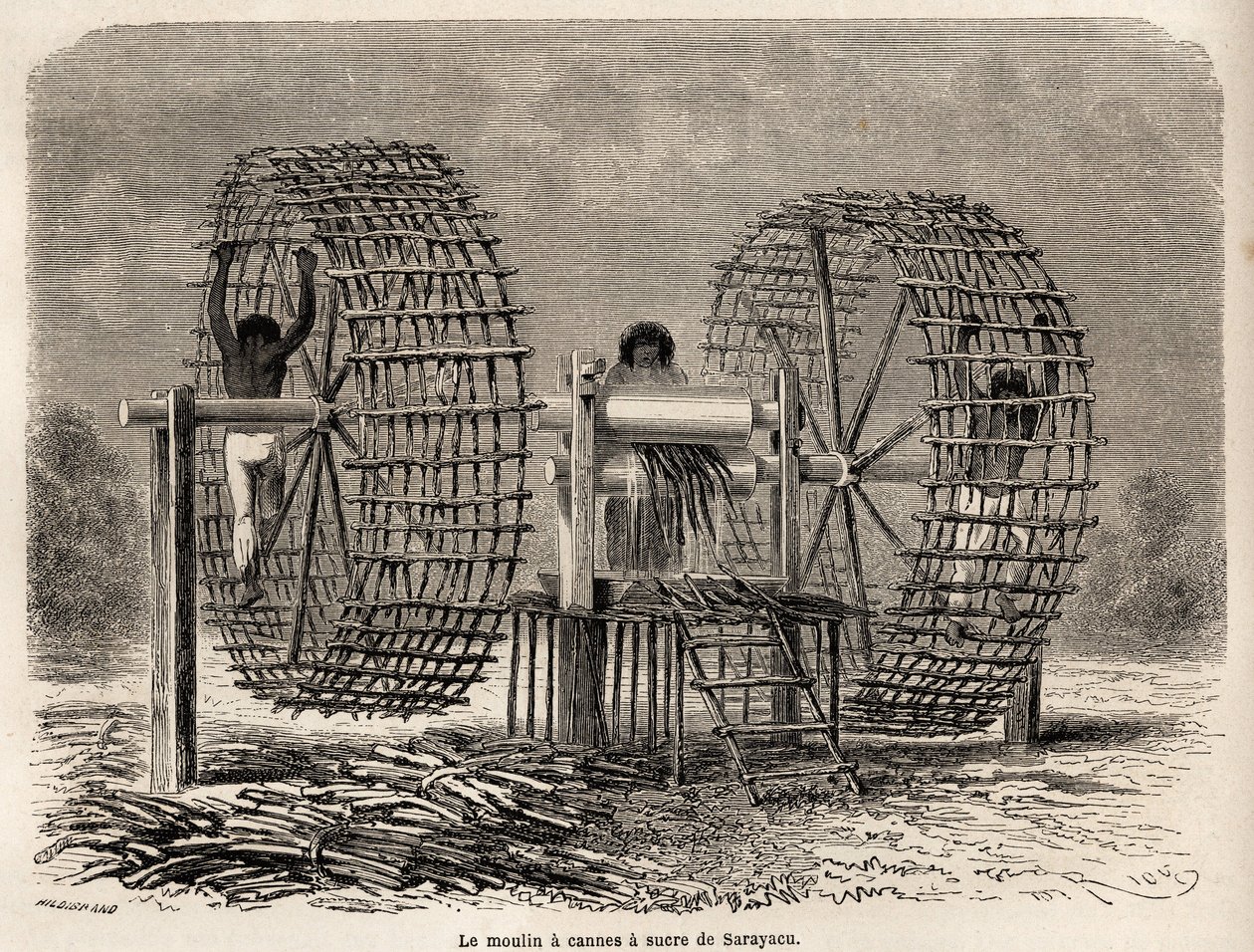 Die Zuckerrohrmühle von Sarayacu (Peru), Zeichnung von Riou zur Illustration von Paul Marcoys Reise vom Pazifik zum Atlantik von 1848 bis 1860. Gravur in „Le tour du monde“, herausgegeben von Edouard Charton von Edouard Riou