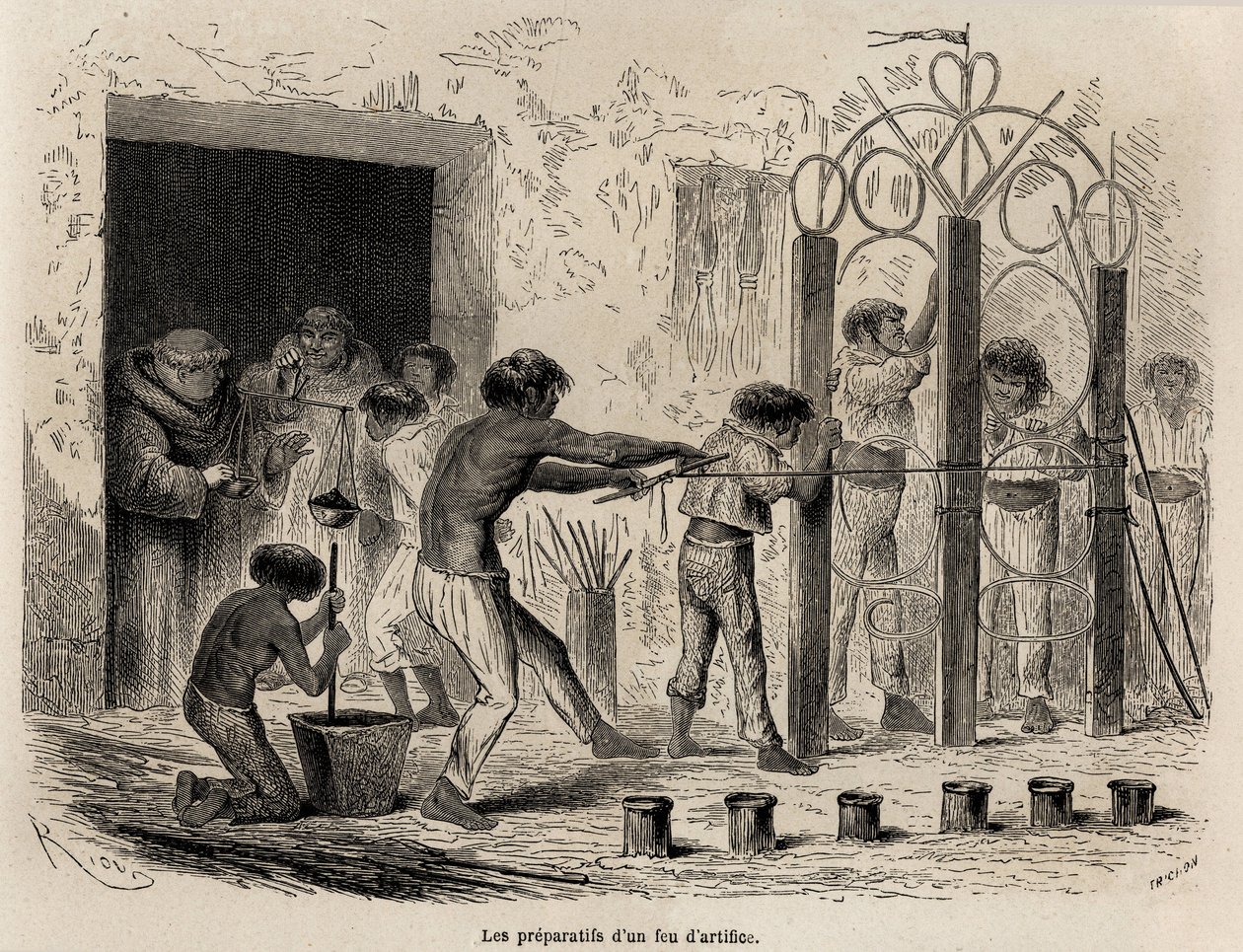 Die Vorbereitung von Feuerwerken in Sarayacu (Peru), Zeichnung von Riou zur Illustration von Paul Marcoys Reise vom Pazifik zum Atlantik von 1848 bis 1860. Gravur in „Le tour du monde“, herausgegeben von Edouard Charton von Edouard Riou
