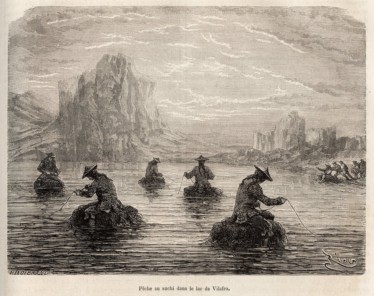 Das Suchi-Fischen (kleiner brauner Fisch der Welsart) am Villafro-See, in der Nähe des Dorfes Cailloma, die Indianer locken die Fische mit Fleischstücken an, Gravur von E. Riou zur Illustration der Reise in die Berge, von Edouard Riou