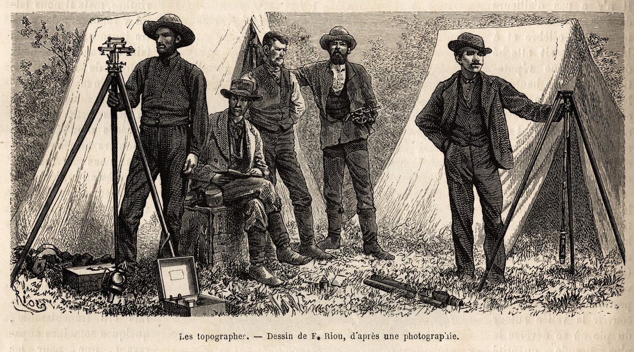 Das Team der Topographen mit ihrem Material, der amerikanischen geologischen Mission, Gravur nach der Zeichnung von F. Riou, zur Illustration einer Reihe von geografischen Missionen durch den United States National Park, von 1870 bis 1872, von Messrs Hayde von Edouard Riou