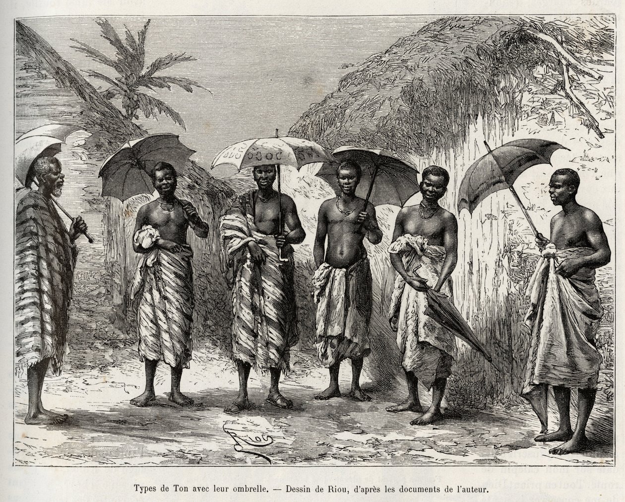 Ton-Typ mit ihrem Regenschirm. Gravur von Riou, zur Illustration der Geschichte „Von Niger zum Golf von Guinea“ von Kapitän Louis Gustave Binger (1856-1936), in 1887-1889, in Le tour du monde, nouveau journal des voyages, unter der Leitung von Edouard Char von Edouard Riou