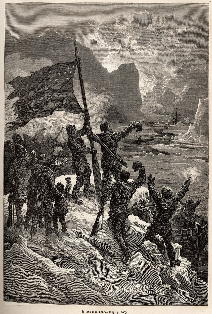 Die Besatzung von Tyson, nach mehreren Tagen auf einem Eisberg treibend, sah schließlich einen Walfänger und schwenkte die amerikanische Flagge, um gesehen und gerettet zu werden, graviert nach einer Zeichnung von E. Riou, zur Illustration der Geschichte d von Edouard Riou