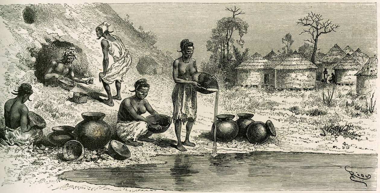 Frauen im Dorf Koumakhana waschen Gold, im Hintergrund suchen Männer in unterirdischen Galerien nach Gold. Gravur von Riou zur Illustration der Geschichte „Exploration du Haut-Niger (Haut-Niger)“ (heutiges Mali) von Kommandant Joseph Gallieni (1849-1916) von Edouard Riou