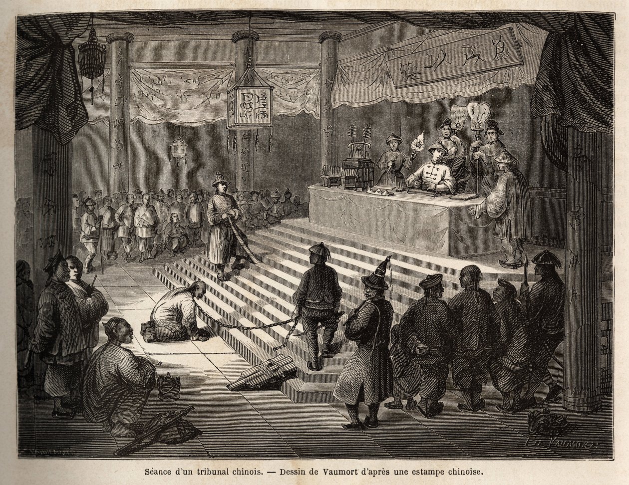 Ein chinesisches Gericht, der Angeklagte erscheint vor Gericht, umgeben von einem Gendarmen, der ihn in Ketten hält, und seinem Metzger. Zeichnung von Vaumort zur Illustration der Reise von Shanghai nach Moskau 1859-1862 von M. de Bourboulon, französischer von Edouard Vaumort