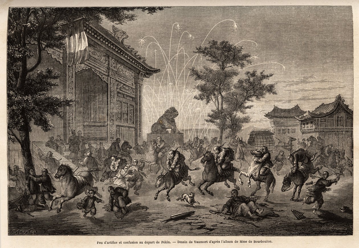 Feuerwerk in Peking und Verwirrung der Besatzung der französischen Gesandtschaft bei der Abreise nach Mongolei. Zeichnung von Vaumort, zur Illustration der Reise von Shanghai nach Moskau, 1859 bis 1862, von M. de Bourboulon, französischer Minister in China von Edouard Vaumort