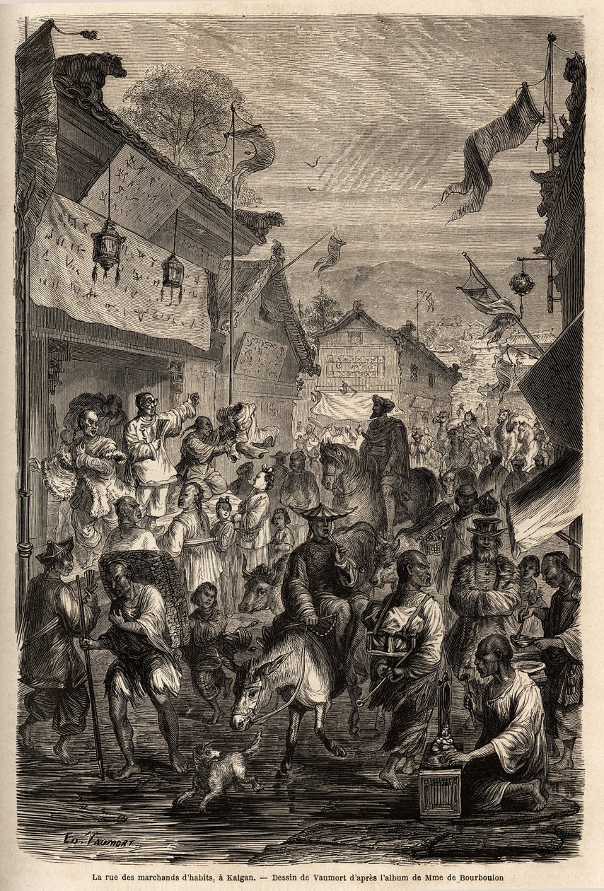 Die Straße der Kleiderhändler, Kalgan, Mongolei. Zeichnung von Vaumort zur Illustration der Reise von Shanghai nach Moskau von 1859 bis 1862 von M. de Bourboulon, französischer Minister in China. Gravur in „Le tour du monde“, herausgegeben von Edouard Char von Edouard Vaumort