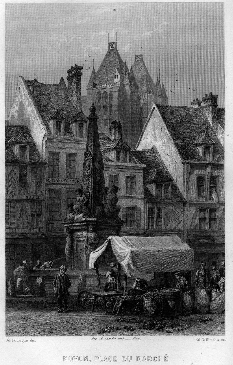 Marktplatz der Stadt Noyon, Oise, Picardie, Frankreich. Gravur von Willmann in „La France ancienne et moderne“ von Jean-Bernard Mary-Lafon von Edouard Willmann