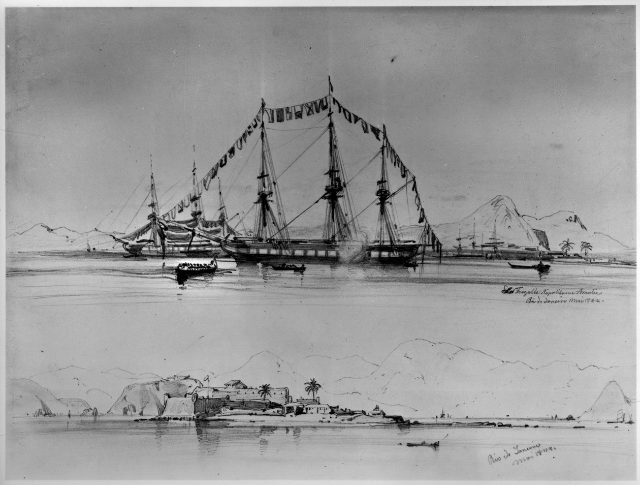Dreimaster an der Küste und Ansicht eines Forts bei Rio de Janeiro von Eduard Hildebrandt