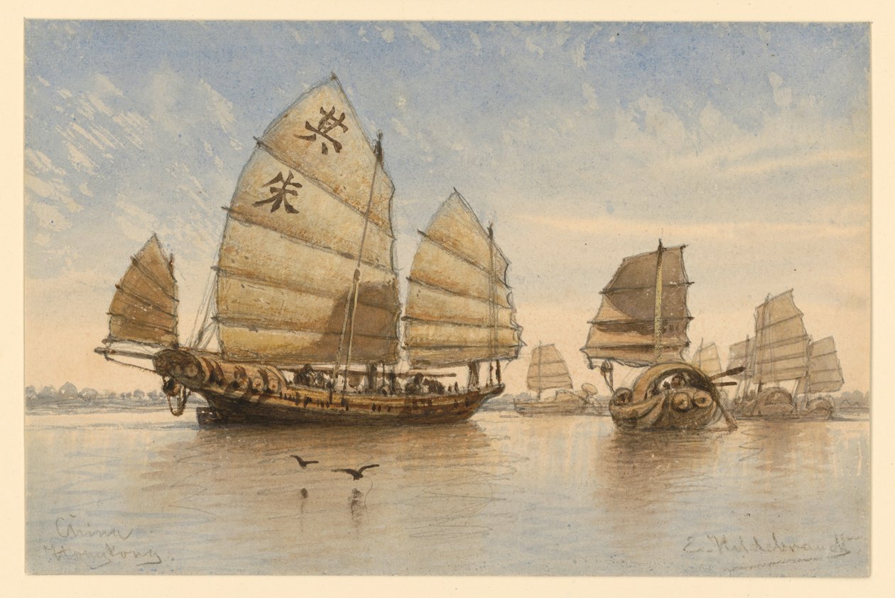 Dschunken vor Hongkong von Eduard Hildebrandt