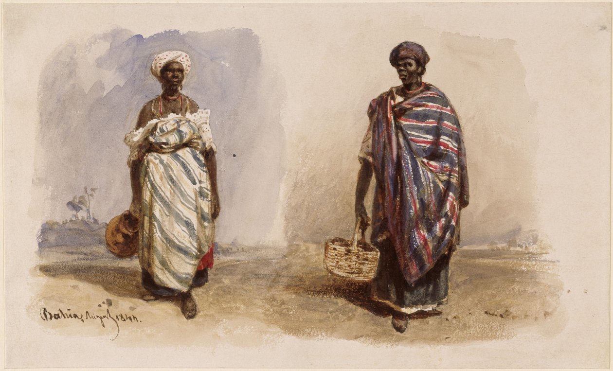Zwei Afrobrasilianerinnen mit Schultertüchern, die eine mit Wasserkrug, die andere mit Korb von Eduard Hildebrandt