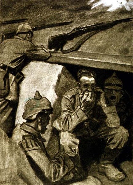 Eine Mundharmonika in den Schützengräben, Illustration aus einer deutschen Zeitschrift, 