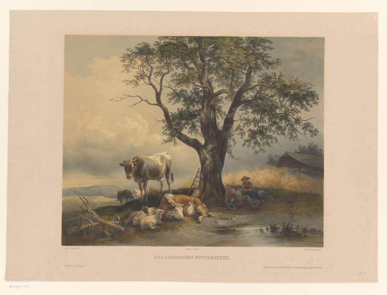 Figuren mit Vieh ruhend in einer Landschaft von Eduard Weixlgärtner