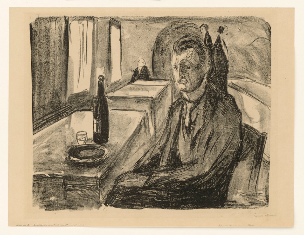 Selbstbildnis mit Weinflasche von Edvard Munch