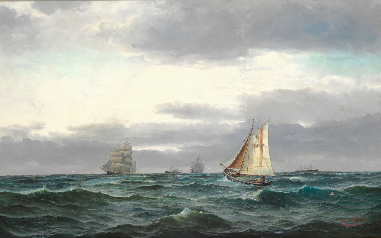 Marine mit mehreren Schiffen, graue Regenwolken und ein bisschen blauer Himmel von Edvard Skari