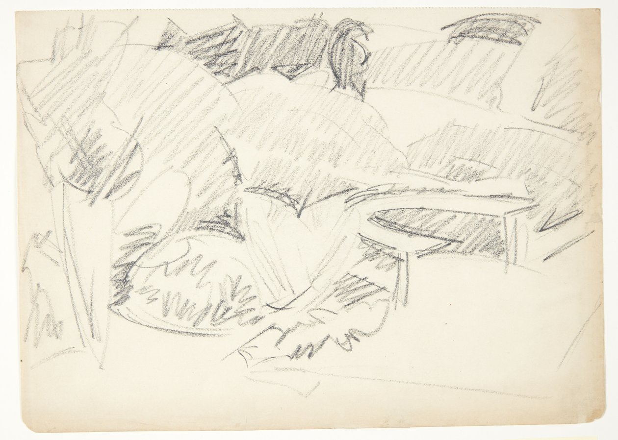 Landschaft aus einem Garten mit einer halbrunden Gartenbank von Edvard Weie