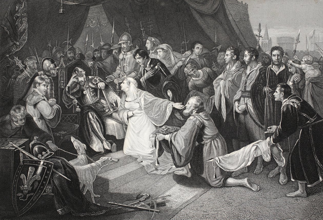 Die Kapitulation von Calais, 4. August 1347, graviert von John Young von Edward Bird