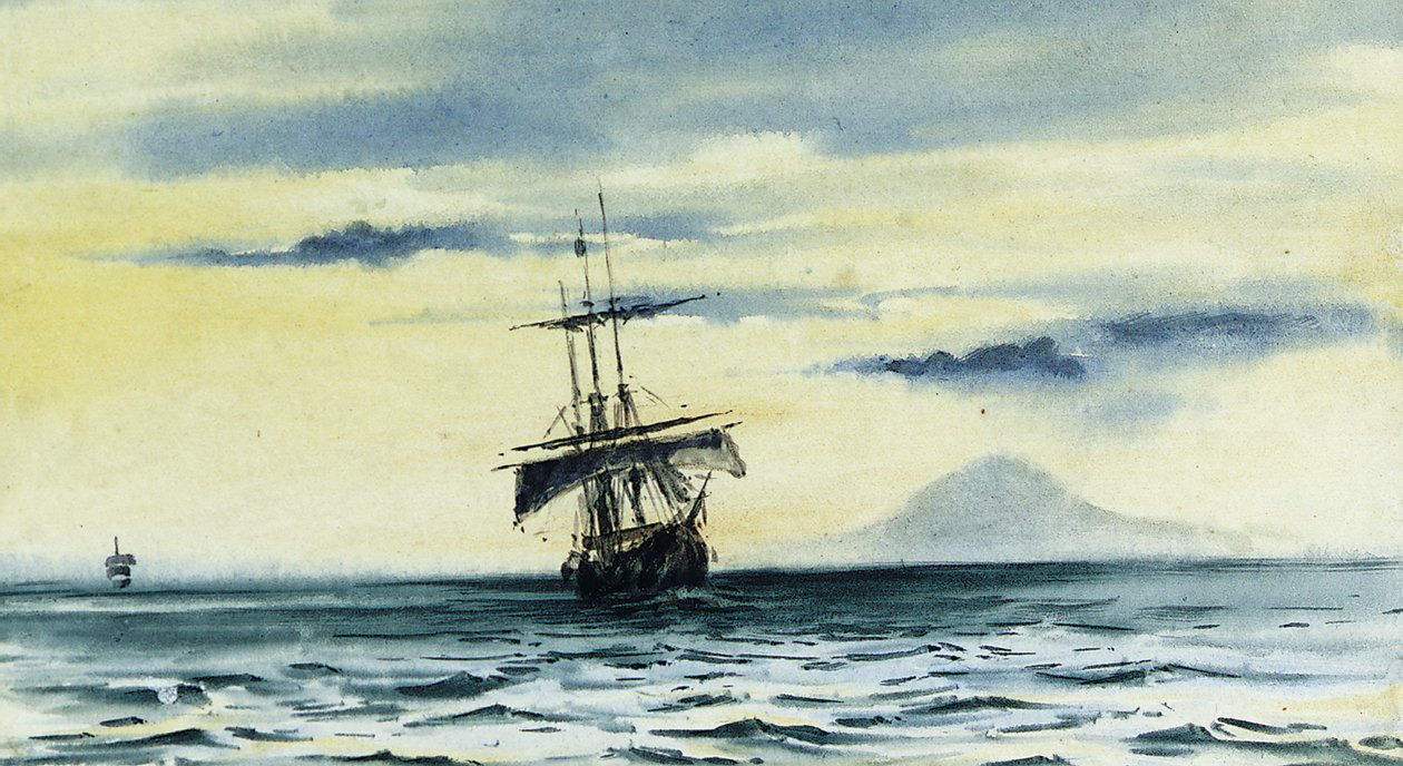 Der letzte Blick auf den Mount Discovery: SS. "Morning" und "Terra Nova" folgen der "Discovery" aus der McMurdo-Straße von Edward Adrian Wilson