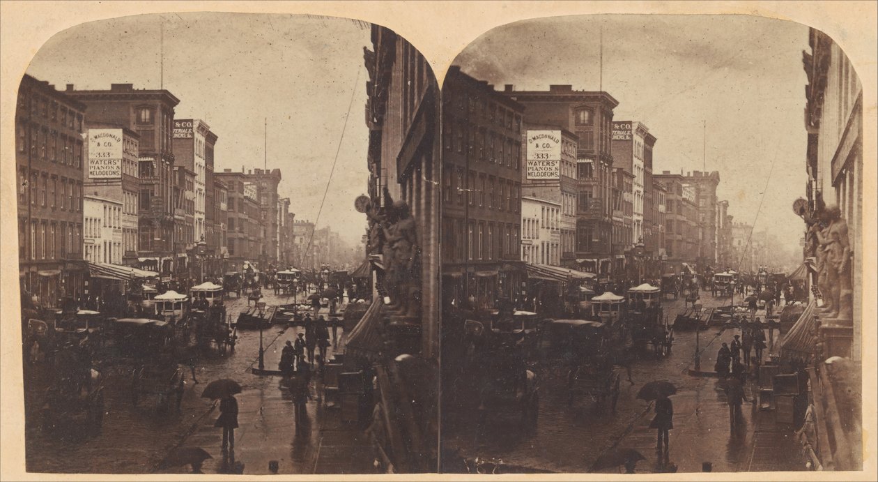 Broadway im Regen, wahrscheinlich von 308 oder 310 Broadway, New York City, ca. 1860er Jahre von Edward Anthony