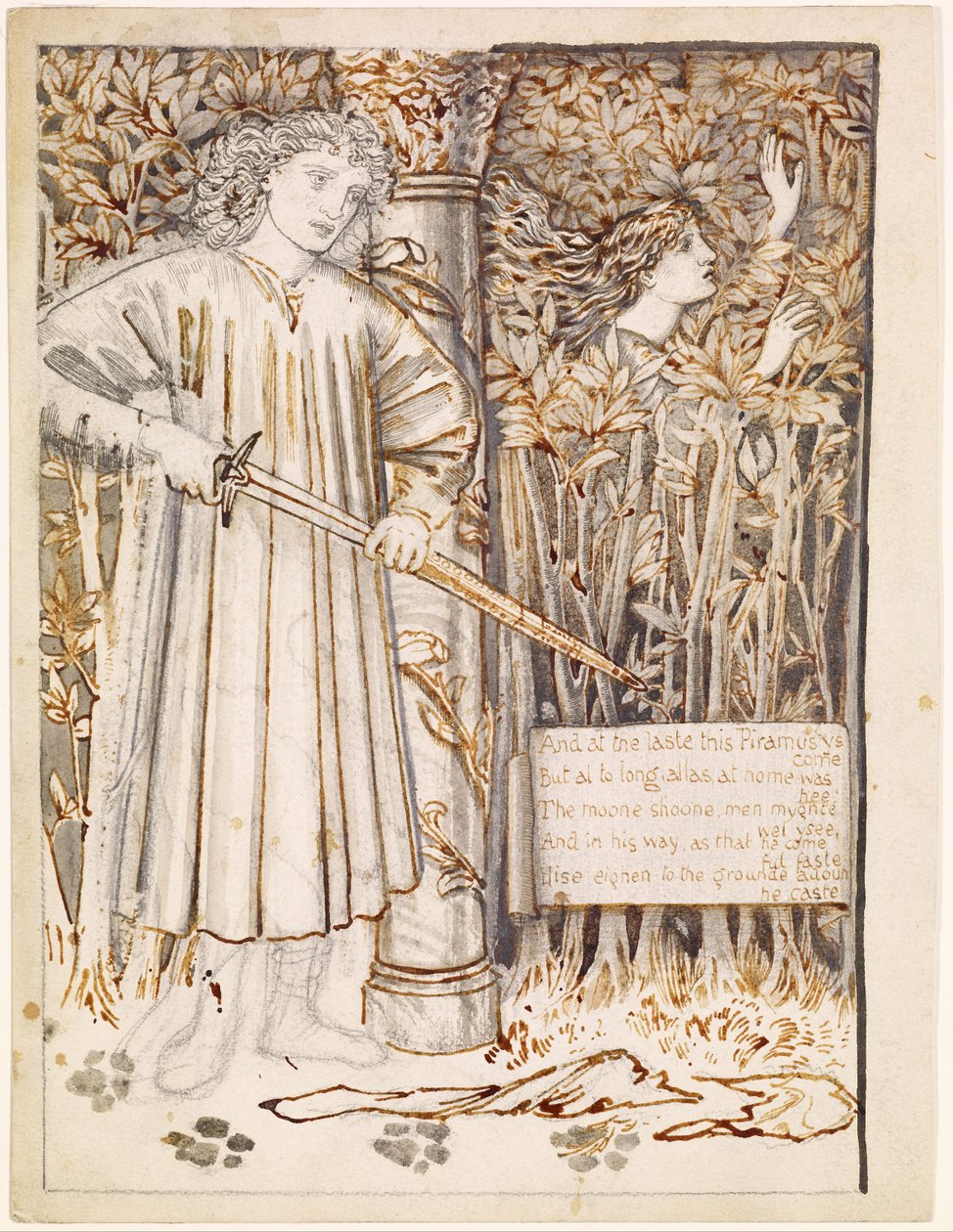Pyramus und Thisbe - Pyramus zieht sein Schwert, um sich zu töten von Edward Burne-Jones