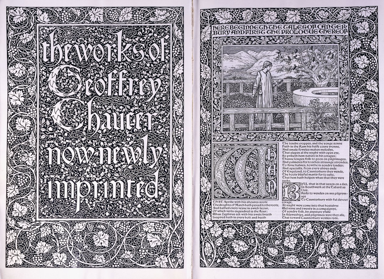 Titelseite und erste Seite aus der Kelmscott Press Ausgabe von "The Works of Geoffrey Chaucer", 1896 von Edward Burne Jones